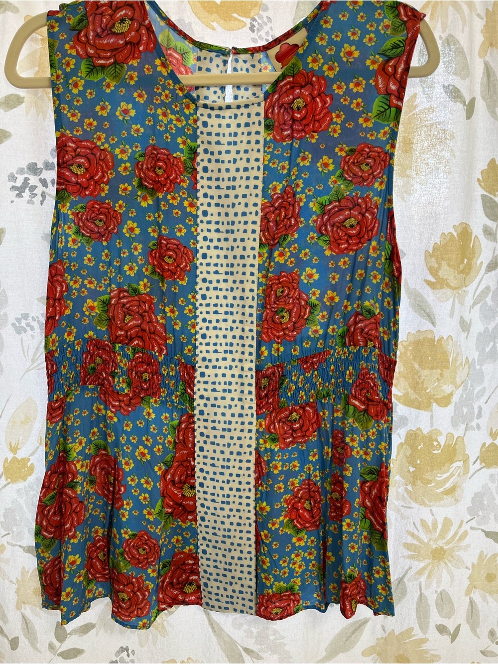 Anthropologie Blue Tank Top with Red Rose Print and Cream Center Panel